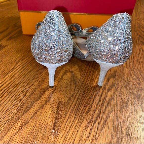 Kate Spade Sela Silver Glitter Bow Peep Toe Pumps - Picture 4 of 7